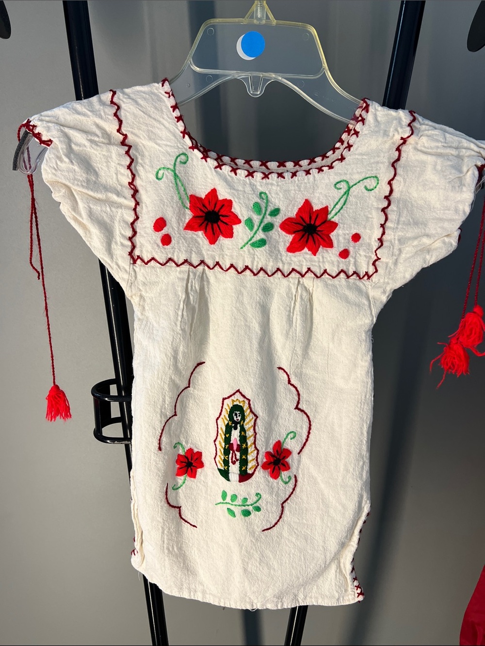 Girls' White Embroidered Peasant Top with Red Floral Accents